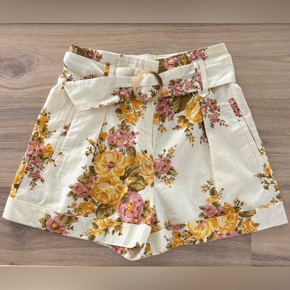 Sezane Rome Cream Floral 36 Linen Corton Shorts NWOT